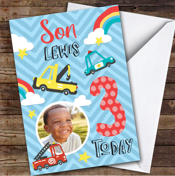 Car Fire truck Police Digger Photo Son 3rd Boys Personalized Birthday Card