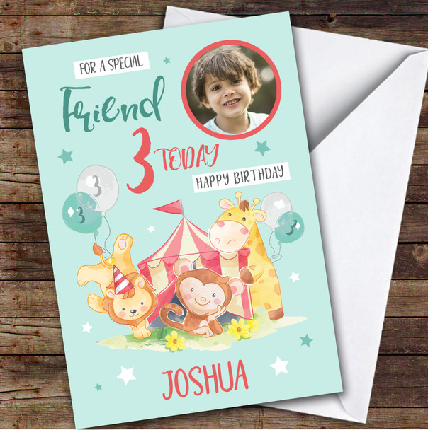 Circus Animals Blue Boy Photo Friend 3rd Custom Personalized Birthday Card
