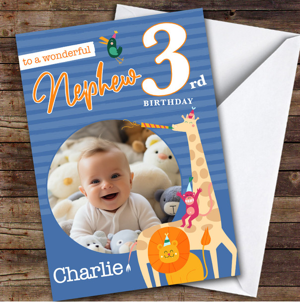 Nephew 3rd Blue Party Safari Animals Photo Boys Personalized Birthday Card