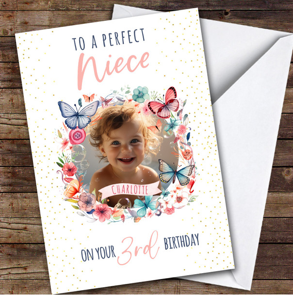 Niece 3rd Floral Butterflies Wreath Photo Girls Personalized Birthday Card