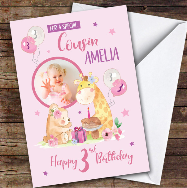 Bear Giraffe Pink Cake Photo Cousin 3rd Custom Personalized Birthday Card