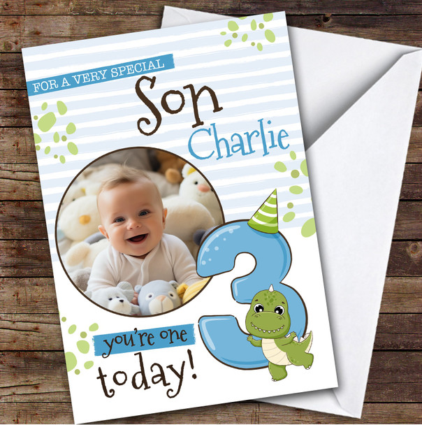 Son 3rd Cute Baby Dinosaur Photo Boys Custom Personalized Birthday Card