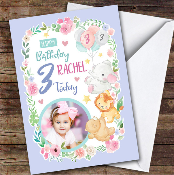 Animal Balloons Purple Photo 3rd Custom Personalized Birthday Card