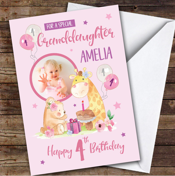 Bear Giraffe Pink Cake Photo Granddaughter 4th Custom Personalized Birthday Card