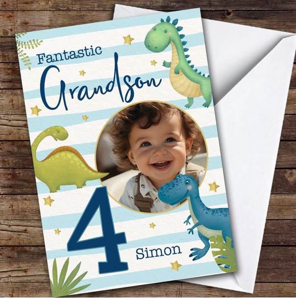 Grandson 4th Watercolour Dinosaurs Photo Boys Custom Personalized Birthday Card