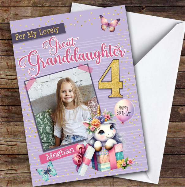 4th Great Granddaughter Purple Unicorn Photo Custom Personalized Birthday Card
