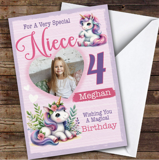4th Niece Sister Floral Unicorns Heart Photo Custom Personalized Birthday Card