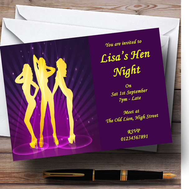 Purple And Yellow Dancing Ladies Personalized Hen Do Night Party Invitations