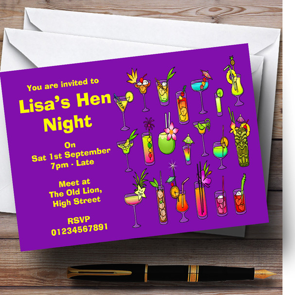 Purple Cocktails Personalized Hen Do Night Party Invitations