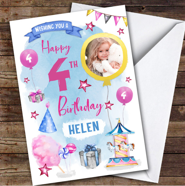 Fun Fair Party Candy Floss Sweets Photo 4th Custom Personalized Birthday Card