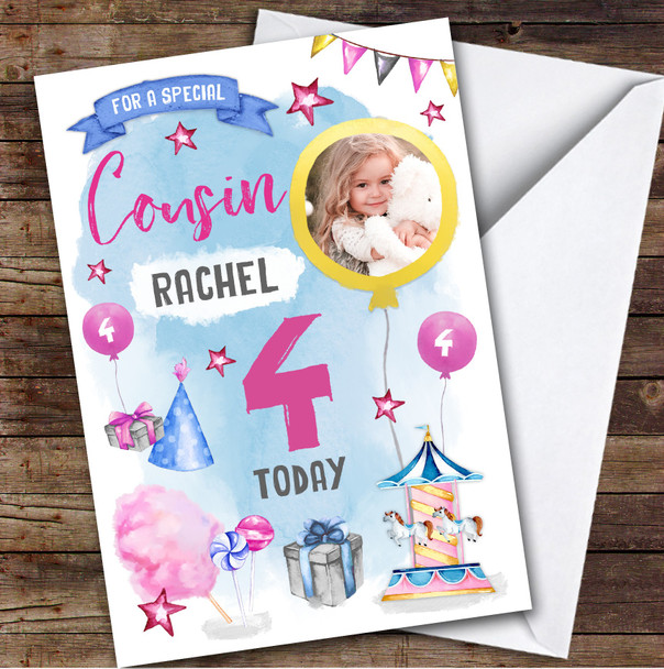 Fun Fair Party Candy Floss Sweets Photo Cousin 4th Personalized Birthday Card