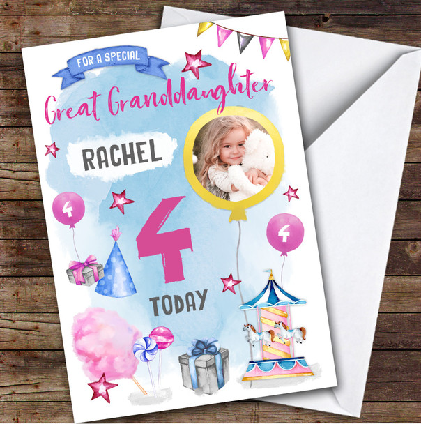 Fun Fair Party Floss Photo Great Granddaughter 4th Personalized Birthday Card
