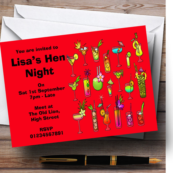Red Cocktails Personalized Hen Do Night Party Invitations