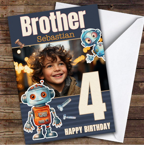 Brother 4th Watercolour Robots Photo Boys Custom Personalized Birthday Card