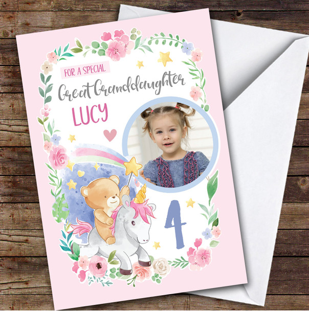 Unicorn Pink Photo Great Granddaughter 4th Girls Personalized Birthday Card Unicorn Pink Photo Great Granddaughter 4th Girls Personalized Birthday Card