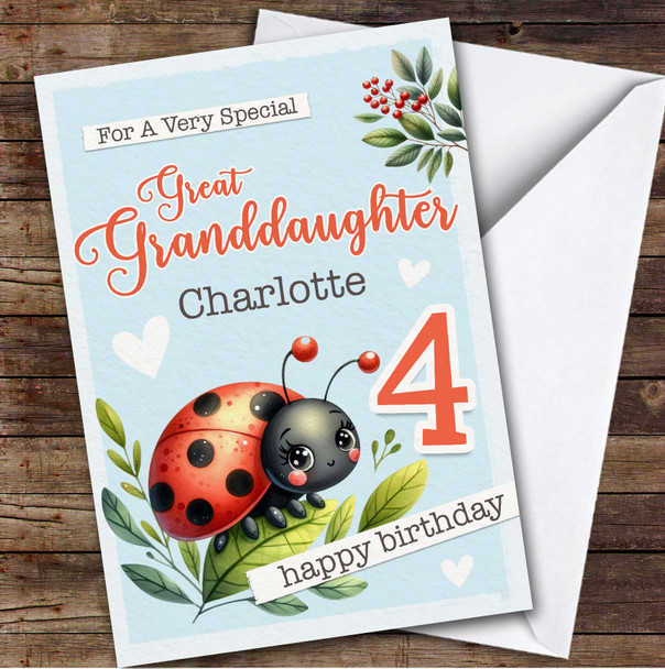 Great Granddaughter 4th Ladybug Ladybird Custom Personalized Birthday Card