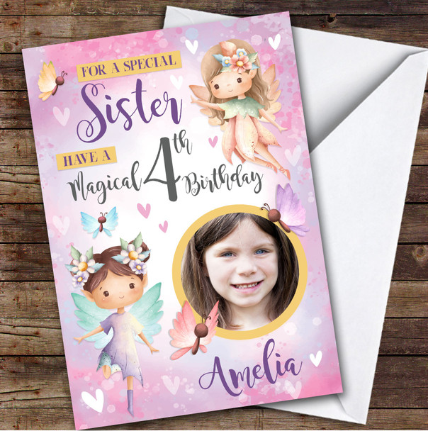 Fairy Girls Pink Purple Photo Sister 4th Custom Personalized Birthday Card