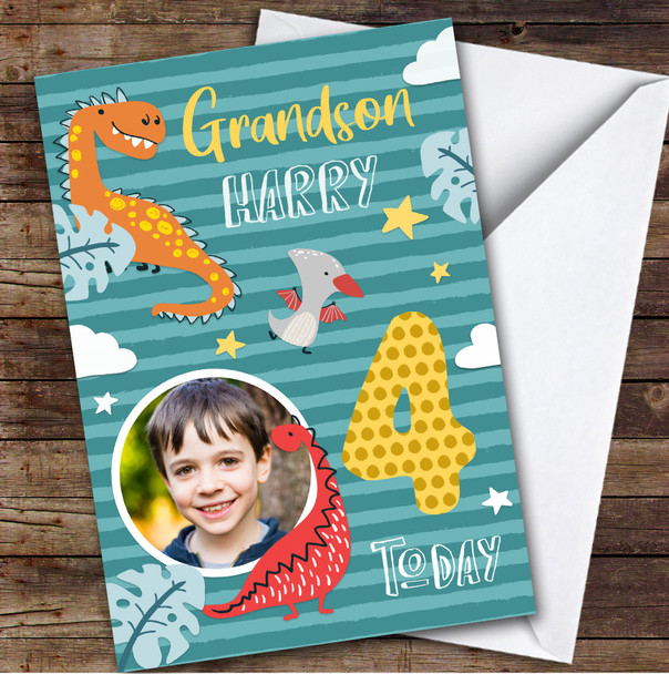 Dinosaur Clouds Photo Grandson 4th Boys Custom Personalized Birthday Card