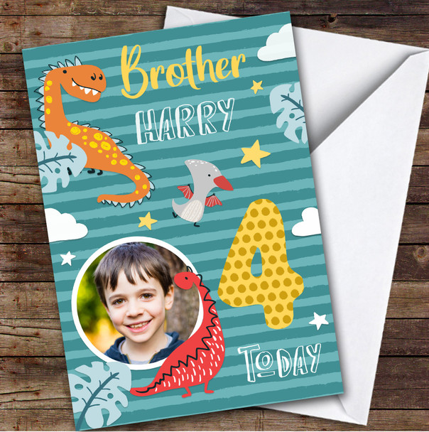 Dinosaur Clouds Photo Brother 4th Boys Custom Personalized Birthday Card