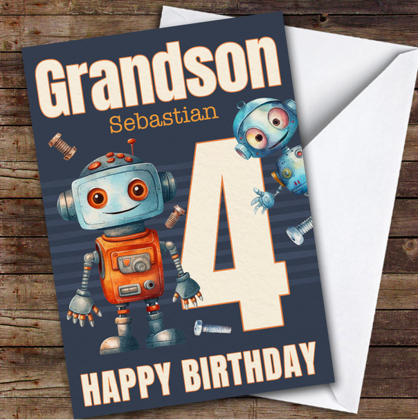 Grandson 4th Watercolour Robots Boys Custom Personalized Birthday Card