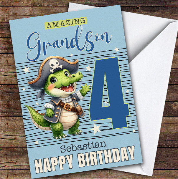 Grandson 4th Pirate Crocodile Boys Custom Personalized Birthday Card