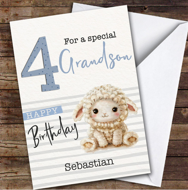 Grandson 4th Baby Sheep Lamb Boys Custom Personalized Birthday Card