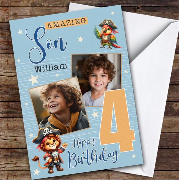 Son 4th Pirate Animals Photo Boys Custom Personalized Birthday Card
