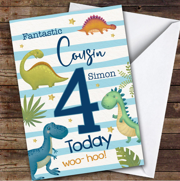 Cousin 4th Watercolour Dinosaurs Custom Personalized Birthday Card