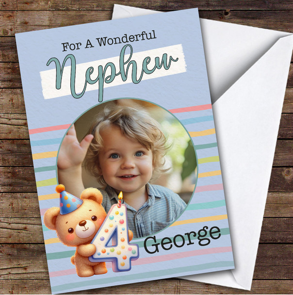 Nephew 4th Teddy Bear Photo Boys Custom Personalized Birthday Card