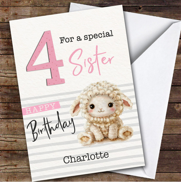 Sister 4th Baby Sheep Lamb Girls Custom Personalized Birthday Card