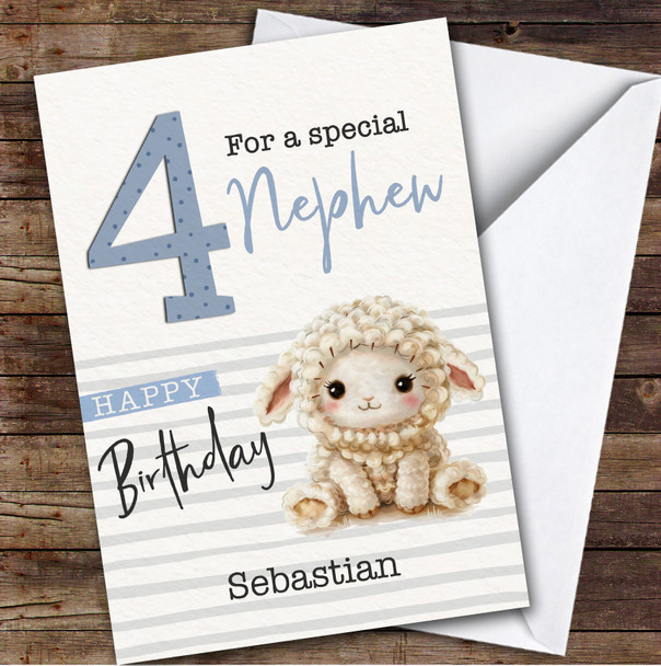 Nephew 4th Baby Sheep Lamb Boys Custom Personalized Birthday Card