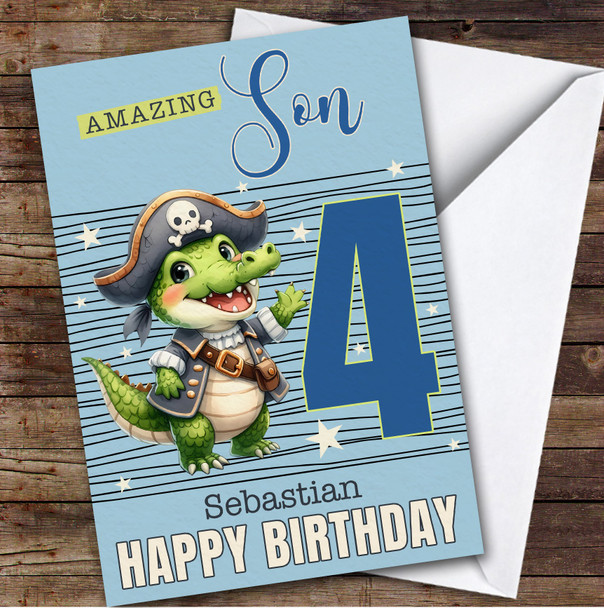 Son 4th Pirate Crocodile Boys Custom Personalized Birthday Card