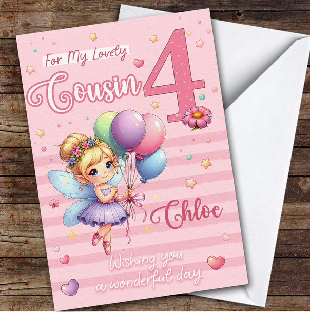 Cousin 4th Pink Floral Fairy Custom Personalized Birthday Card