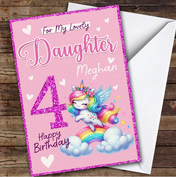 Daughter 4th Rainbow Unicorn Custom Personalized Birthday Card