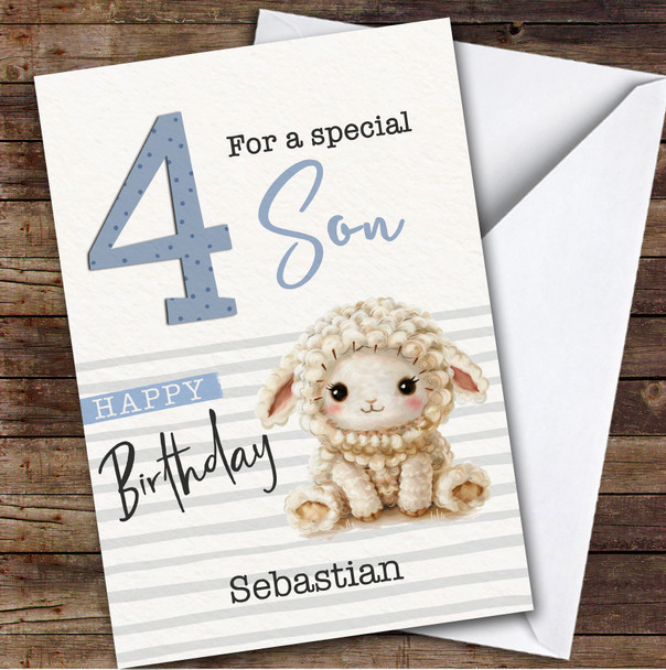 Son 4th Baby Sheep Lamb Boys Custom Personalized Birthday Card