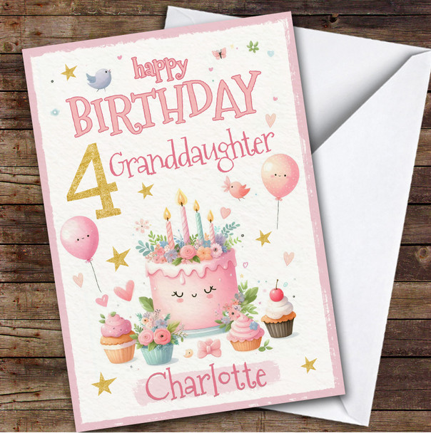4th Granddaughter Pink Cake Custom Personalized Birthday Card