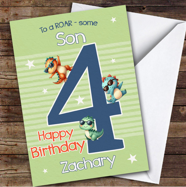 Son 4th Cool Dinosaur Boys Custom Personalized Birthday Card