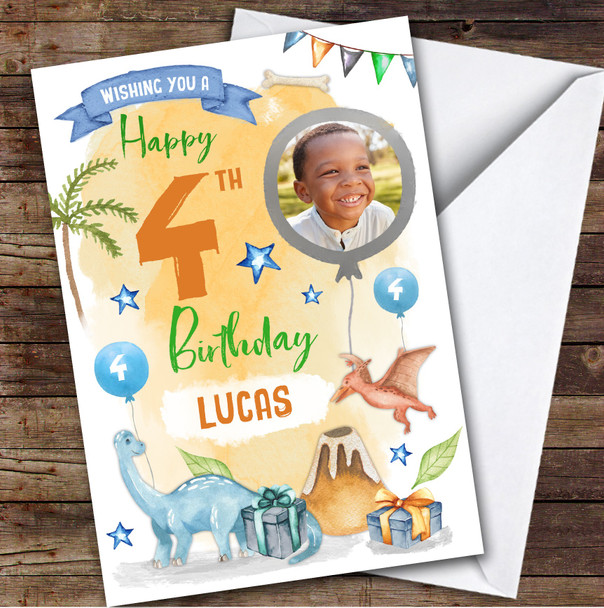 Dinosaur Gift Photo 4th Custom Personalized Birthday Card
