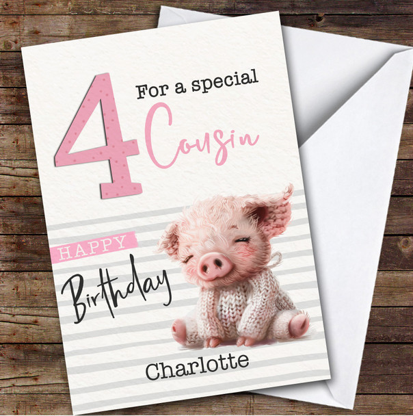 Cousin 4th Baby Piglet Custom Personalized Birthday Card