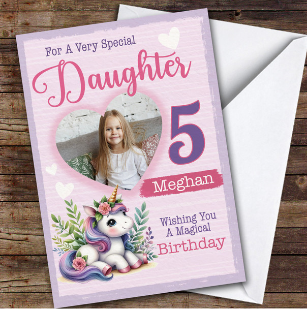 5th Daughter Sister Floral Unicorn Heart Photo Custom Personalized Birthday Card