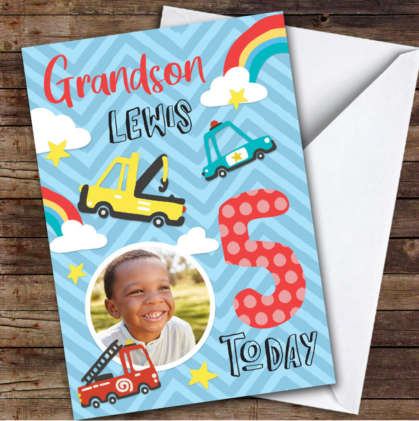 Car Fire truck Police Digger Photo Grandson 5th Boys Personalized Birthday Card