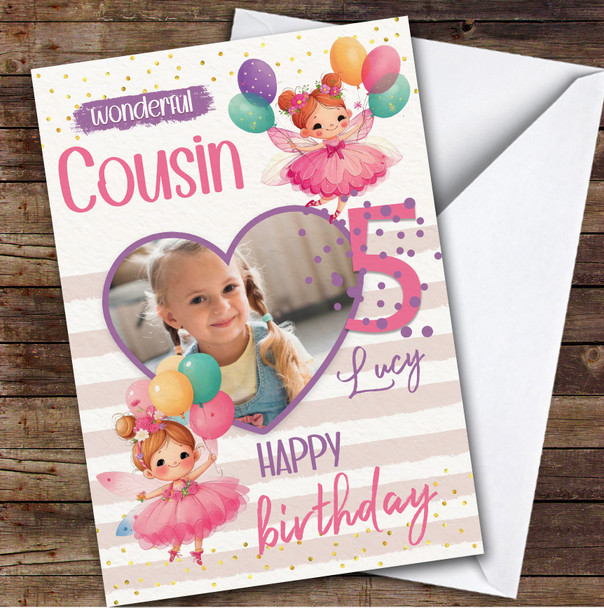 Cousin 5th Fairies Fairy Balloons Heart Photo Custom Personalized Birthday Card