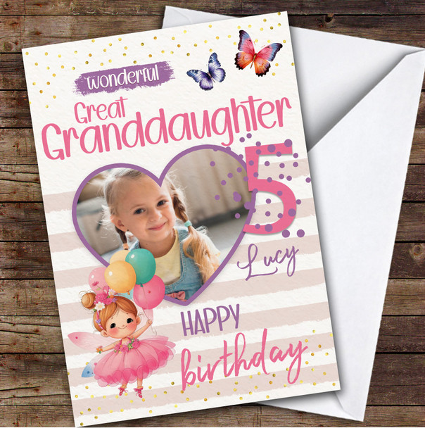 Great Granddaughter 5th Fairy Balloons Heart Photo Personalized Birthday Card