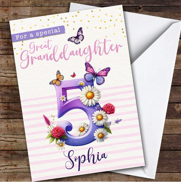 5th Great Granddaughter Purple Floral Butterflies Personalized Birthday Card