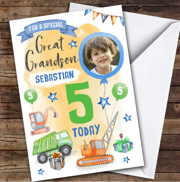 Construction Digger Photo Great Grandson 5th Boys Personalized Birthday Card