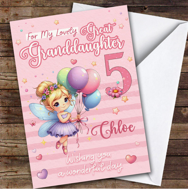 Great Granddaughter 5th Pink Floral Fairy Custom Personalized Birthday Card
