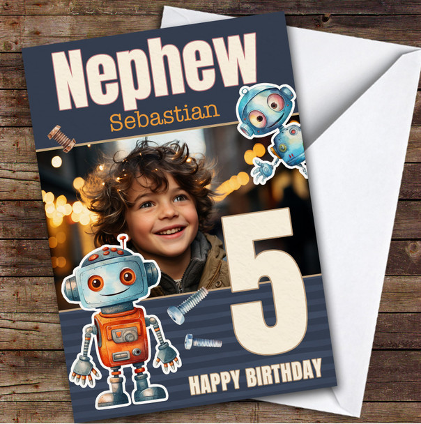 Nephew 5th Watercolour Robots Photo Boys Custom Personalized Birthday Card