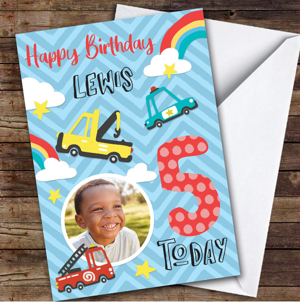 Car Fire truck Police Digger Photo 5th Custom Personalized Birthday Card