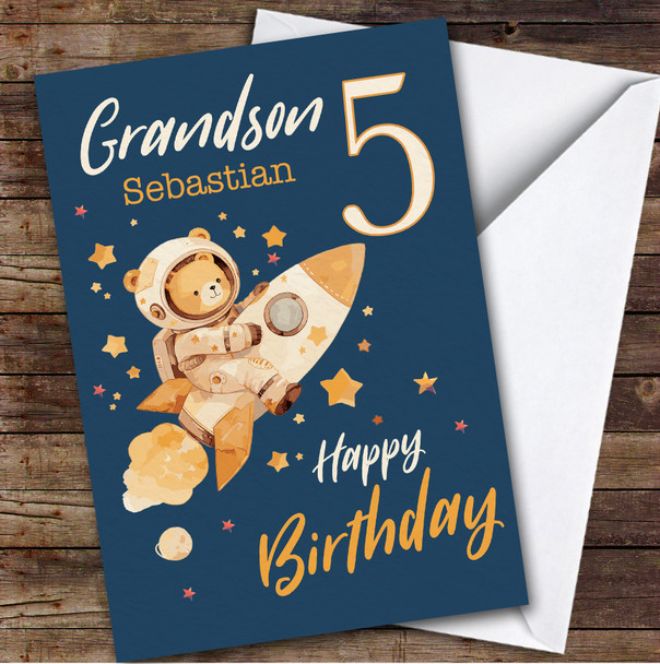 Grandson 5th Teddy Bear Astronaut Boys Custom Personalized Birthday Card