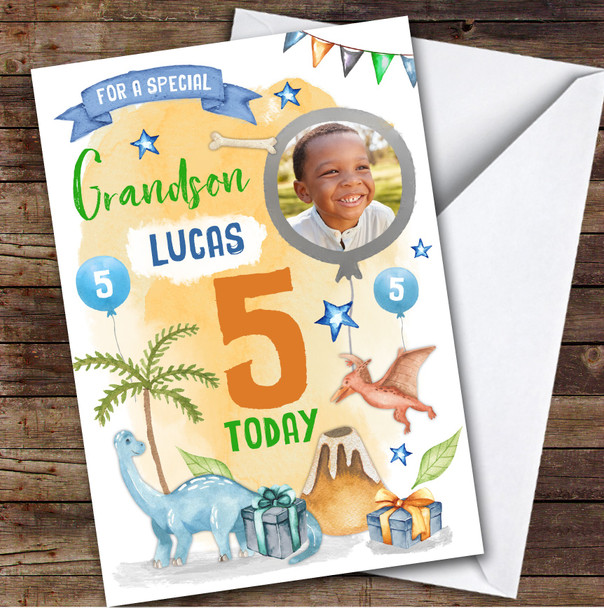 Dinosaur Gift Photo Grandson 5th Boys Custom Personalized Birthday Card